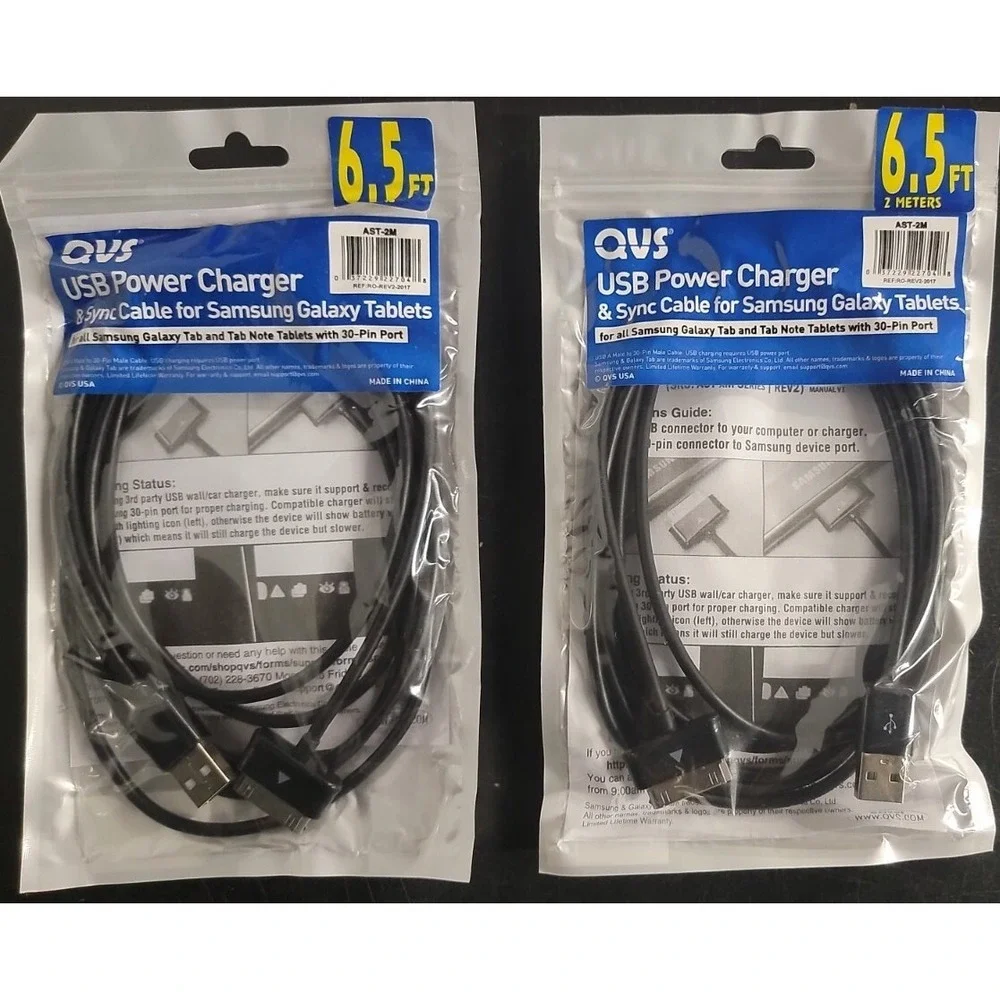 Lot of 2 QVS 6.5 FT USB Sync 2.1Amp Charger Cable Samsung Galaxy Tab/Note Tablet
